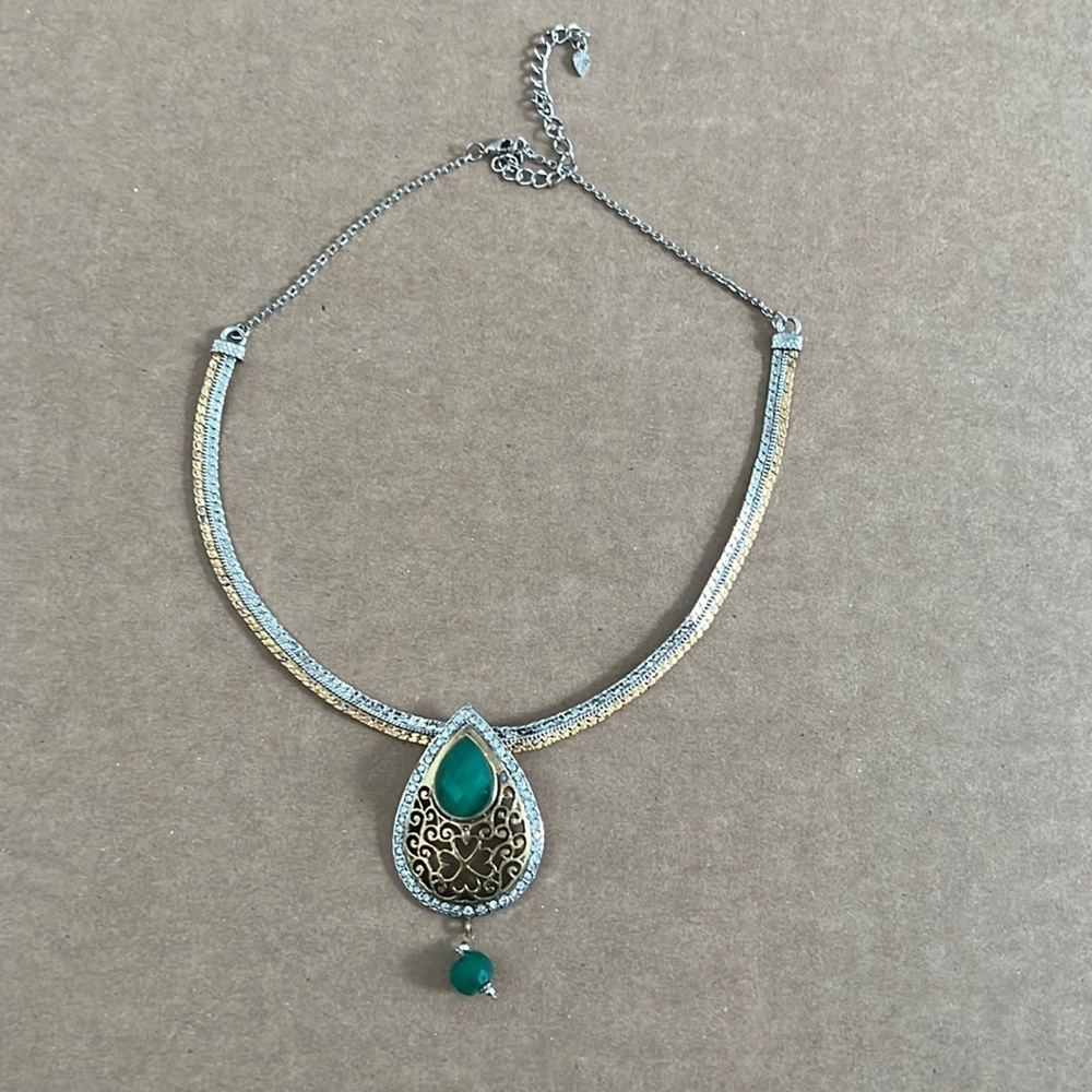 Two tone green plastic stone gold silver structured collar necklace pendant